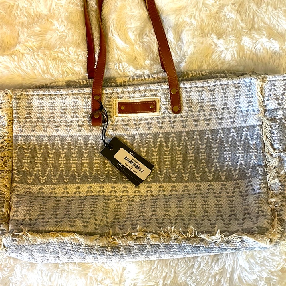 Myra Bag Neutral Patterned Tote with Brown Leather Straps